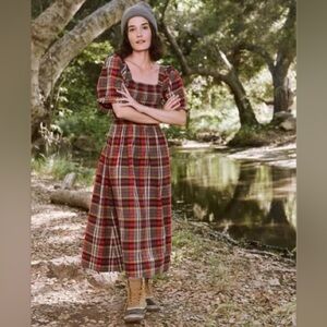 THE GREAT. Red Plaid Savanna Midi Dress